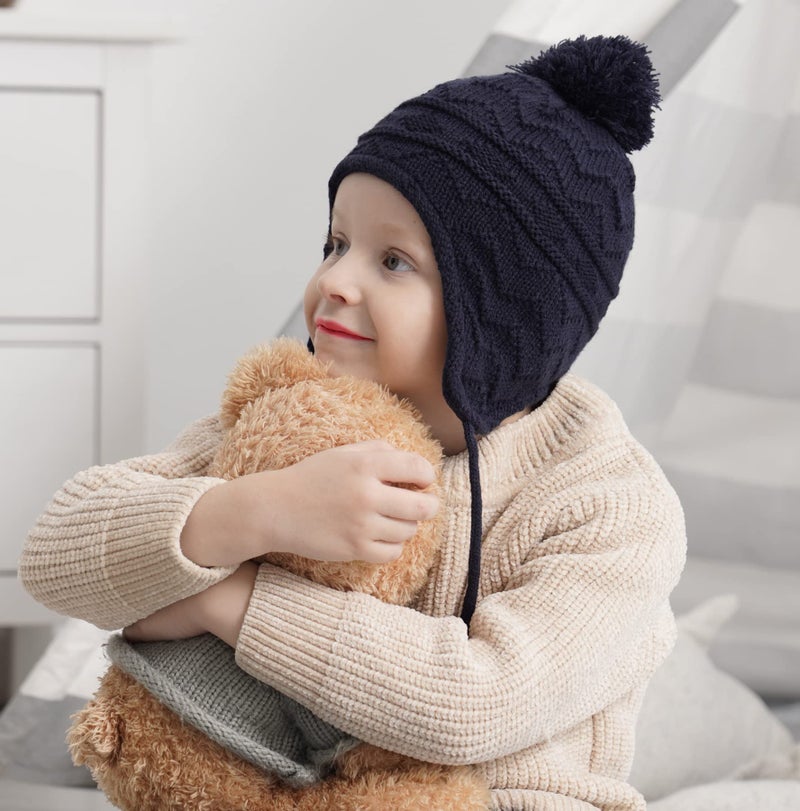 Connectyle Toddler Boys Fleece Lined Knit Kids Hat with Earflap Winter Cap Warm Pompom Beanies Watch Hat M Navy - Image 3